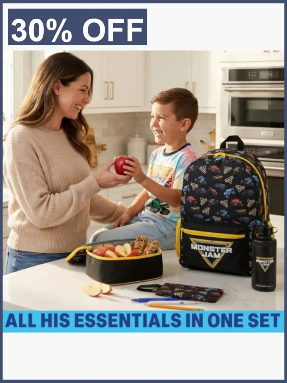 Monster Jam Boys Backpack 4 Piece Set - 18in Bookbag with Lunch Bag, Pencil